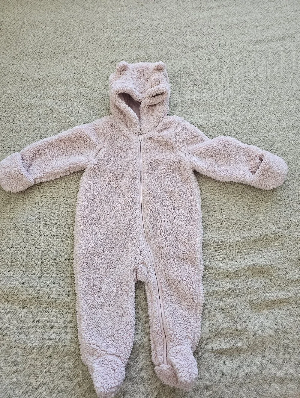 Plush Hooded Baby One-Piece in Light Pink with Bear Ears